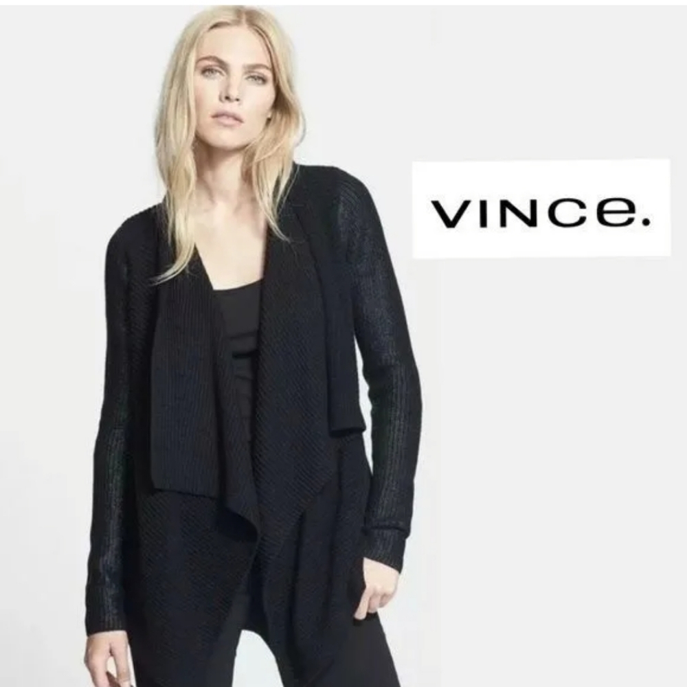 Vince Black Cardigan Sweater Ribbed Long Sleeve Open Metallic Foil Black sz S